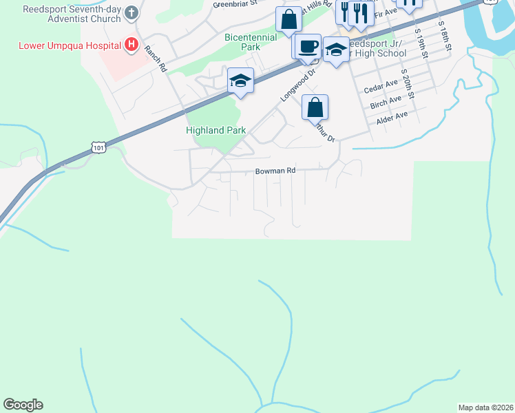 map of restaurants, bars, coffee shops, grocery stores, and more near 1900 Rowe Street in Reedsport