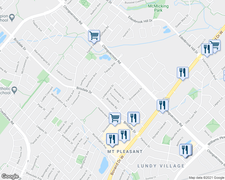 map of restaurants, bars, coffee shops, grocery stores, and more near 38 Waterdale Road in Brampton