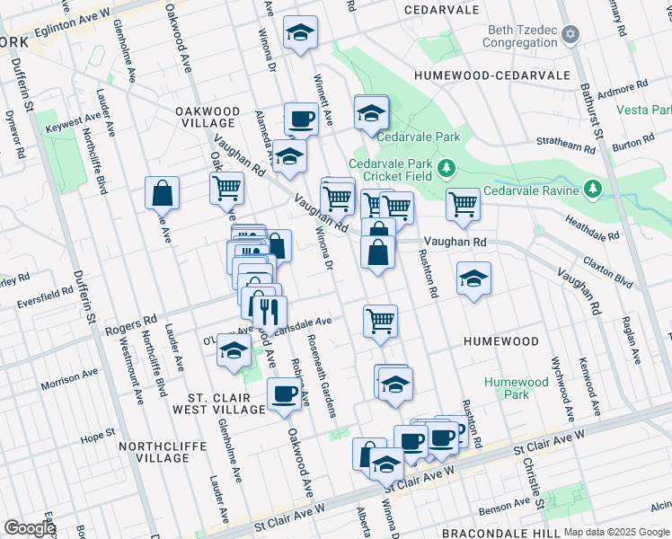 map of restaurants, bars, coffee shops, grocery stores, and more near 401 Winona Drive in Toronto