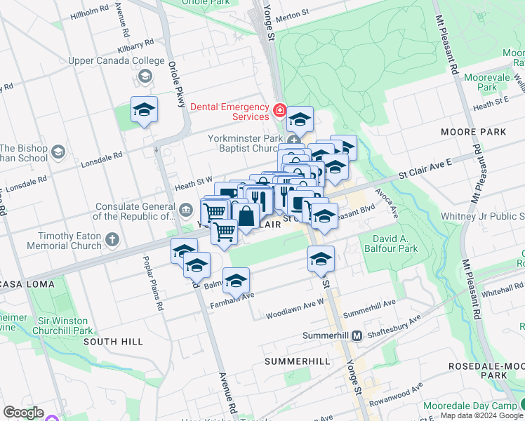 map of restaurants, bars, coffee shops, grocery stores, and more near 58 Saint Clair Avenue West in Toronto