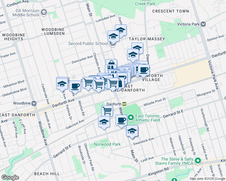 map of restaurants, bars, coffee shops, grocery stores, and more near 298 Main Street in Toronto
