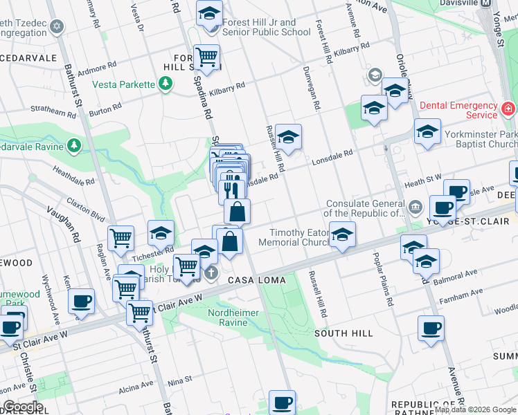 map of restaurants, bars, coffee shops, grocery stores, and more near 1 Montclair Avenue in Toronto