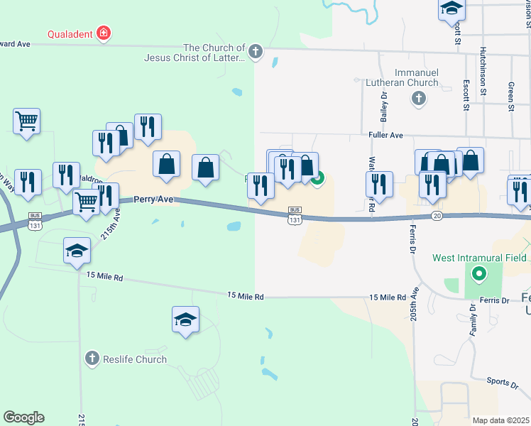 map of restaurants, bars, coffee shops, grocery stores, and more near 1250 Perry Avenue in Big Rapids