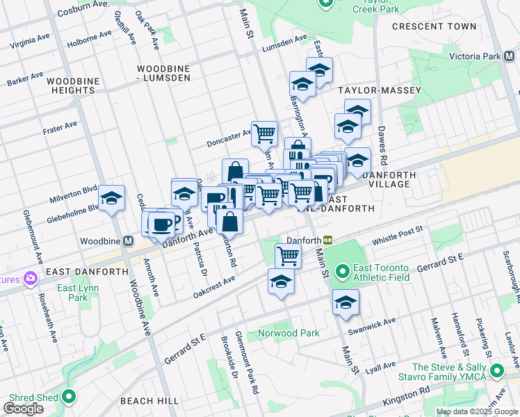 map of restaurants, bars, coffee shops, grocery stores, and more near 2444 Danforth Avenue in Toronto