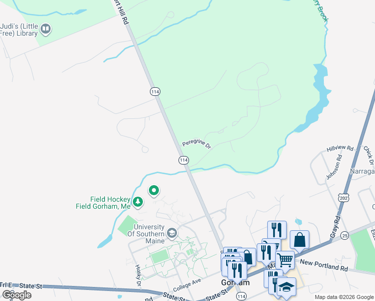 map of restaurants, bars, coffee shops, grocery stores, and more near 175 Fort Hill Road in Gorham