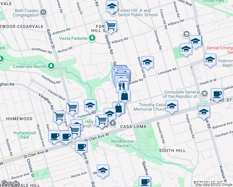 map of restaurants, bars, coffee shops, grocery stores, and more near 60 Montclair Avenue in Toronto