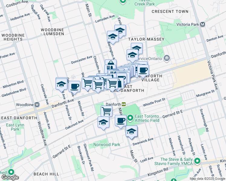 map of restaurants, bars, coffee shops, grocery stores, and more near 286 Main Street in Toronto