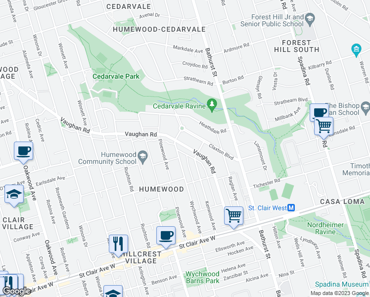 map of restaurants, bars, coffee shops, grocery stores, and more near 236 Vaughan Road in Toronto