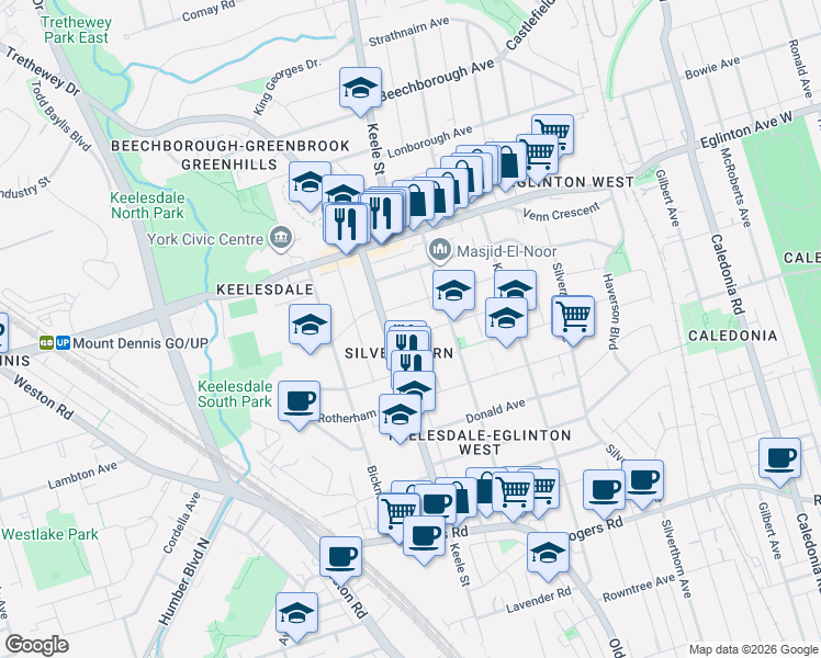 map of restaurants, bars, coffee shops, grocery stores, and more near 90 Ypres Road in Toronto
