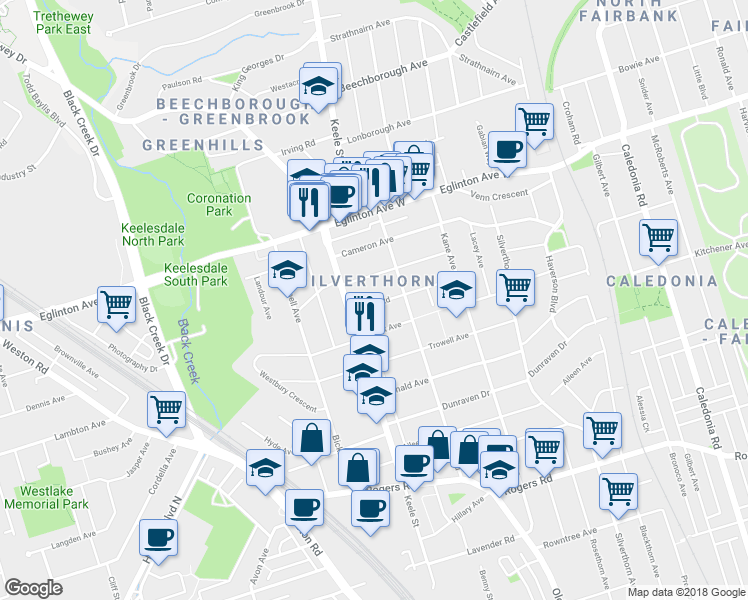 map of restaurants, bars, coffee shops, grocery stores, and more near 90 Ypres Road in Toronto