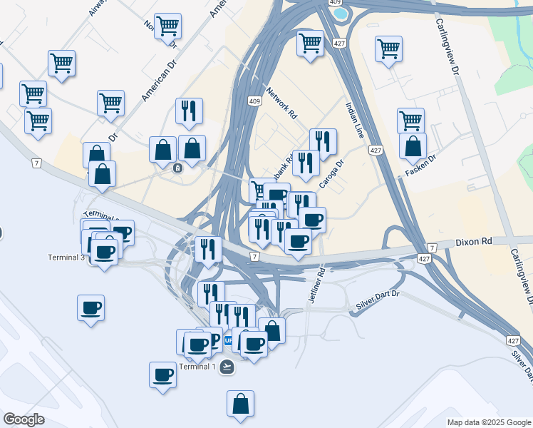 map of restaurants, bars, coffee shops, grocery stores, and more near 248-5955 Airport Road in Mississauga