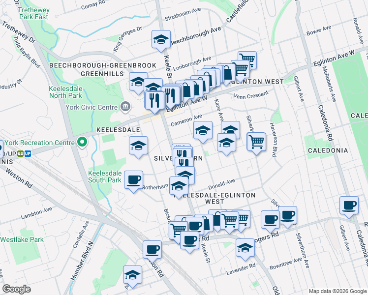 map of restaurants, bars, coffee shops, grocery stores, and more near 94 Ypres Road in Toronto