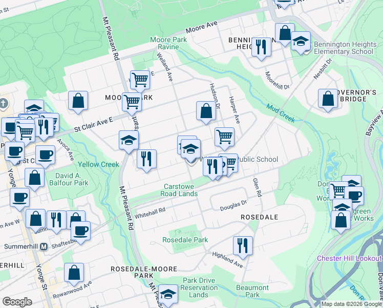 map of restaurants, bars, coffee shops, grocery stores, and more near in Toronto