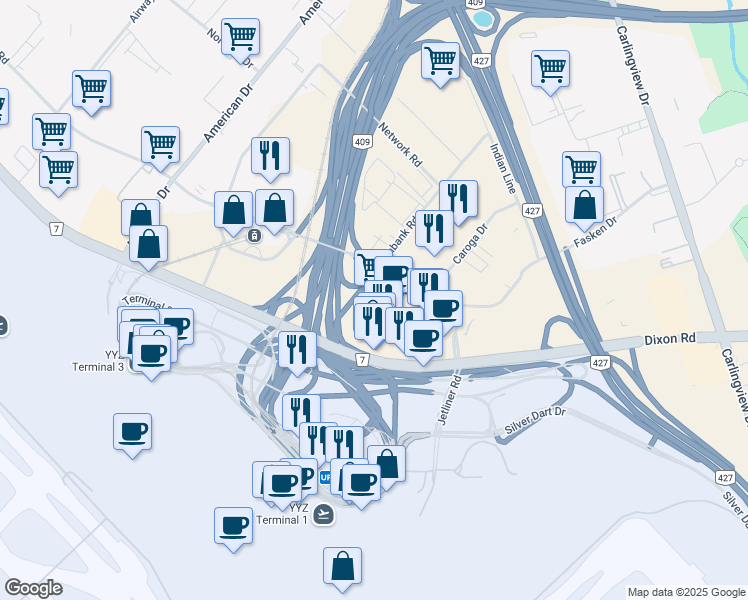 map of restaurants, bars, coffee shops, grocery stores, and more near 5935 Airport Road in Mississauga