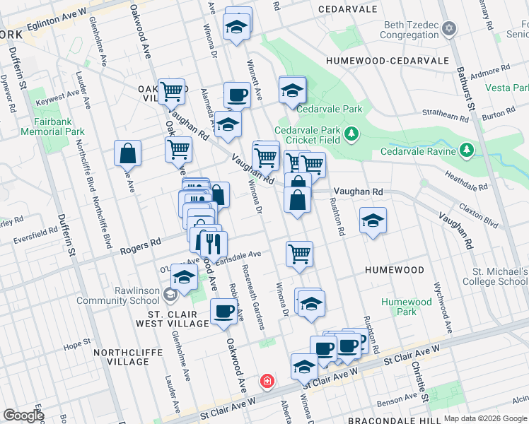 map of restaurants, bars, coffee shops, grocery stores, and more near 403 Winona Drive in Toronto