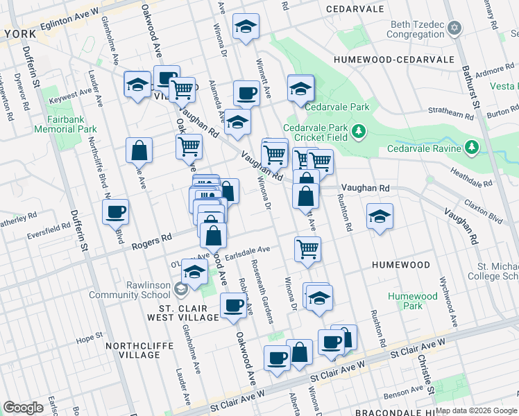 map of restaurants, bars, coffee shops, grocery stores, and more near 2 Mulberry Crescent in Toronto