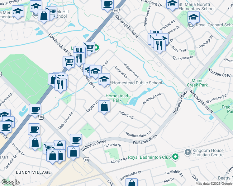 map of restaurants, bars, coffee shops, grocery stores, and more near 83 Fletchers Creek Boulevard in Brampton