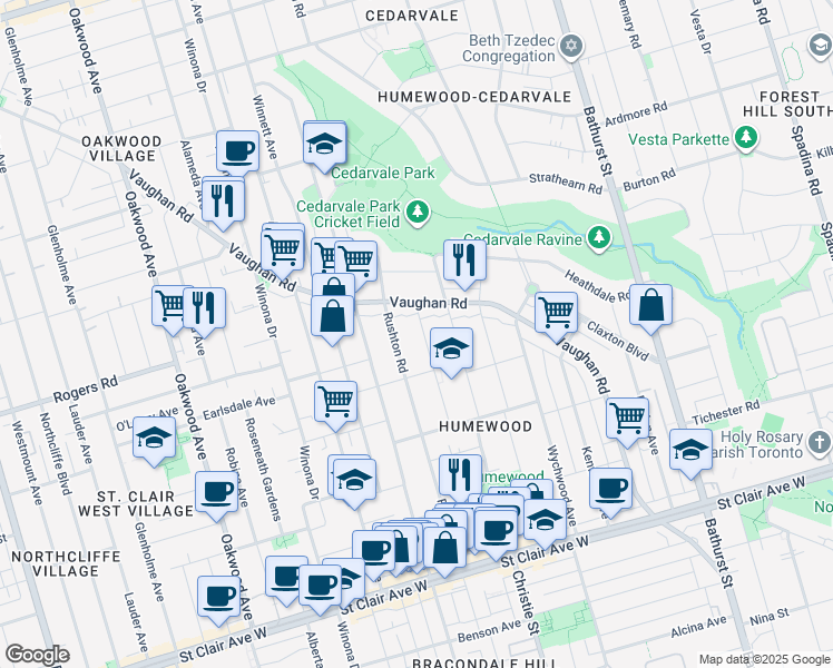 map of restaurants, bars, coffee shops, grocery stores, and more near 72 Cherrywood Avenue in Toronto