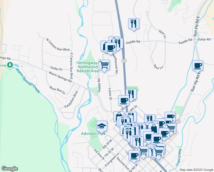 map of restaurants, bars, coffee shops, grocery stores, and more near 323 Lewis Street in Sun Valley