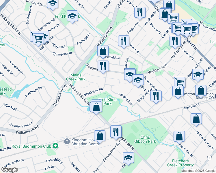 map of restaurants, bars, coffee shops, grocery stores, and more near 121 Fairglen Avenue in Brampton