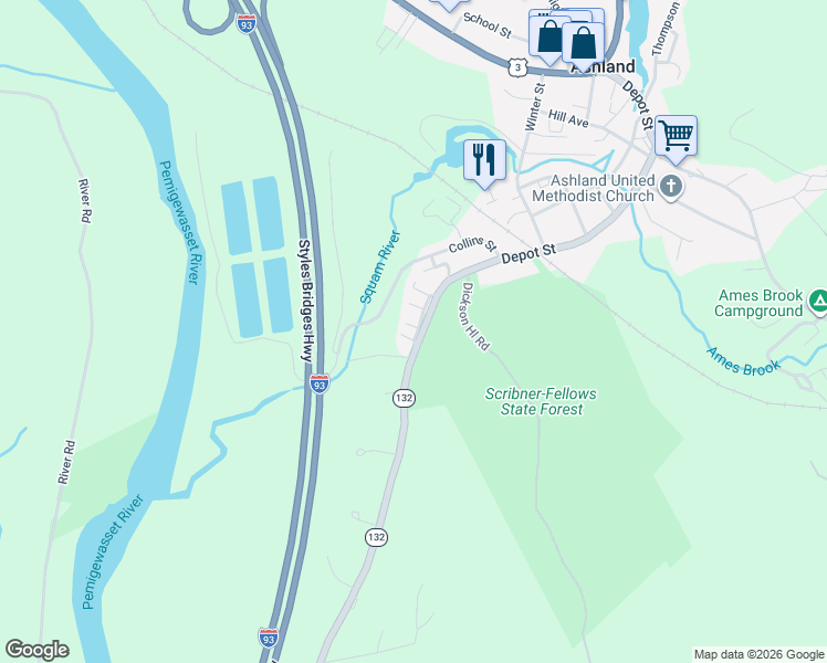map of restaurants, bars, coffee shops, grocery stores, and more near 3 Spruce Street in Ashland
