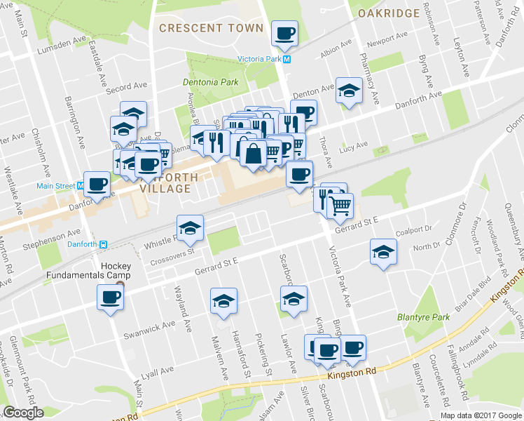 map of restaurants, bars, coffee shops, grocery stores, and more near 38 Enroutes Street in Toronto