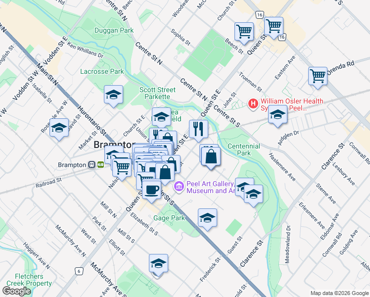 map of restaurants, bars, coffee shops, grocery stores, and more near 3 Mary Street in Brampton