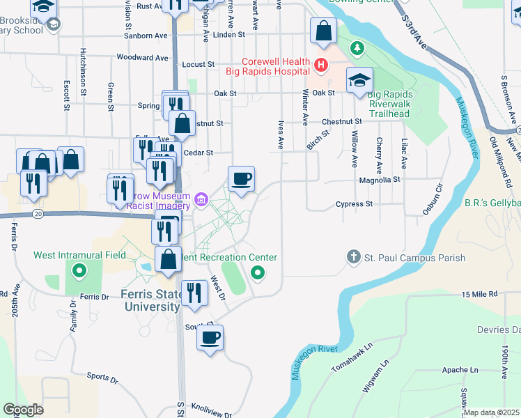 map of restaurants, bars, coffee shops, grocery stores, and more near 915 Campus Drive in Big Rapids