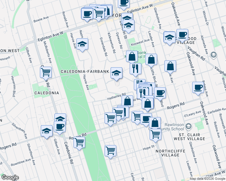 map of restaurants, bars, coffee shops, grocery stores, and more near 31 Ennerdale Road in Toronto