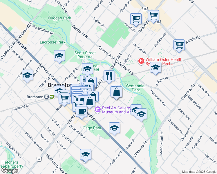 map of restaurants, bars, coffee shops, grocery stores, and more near 89 John Street in Brampton