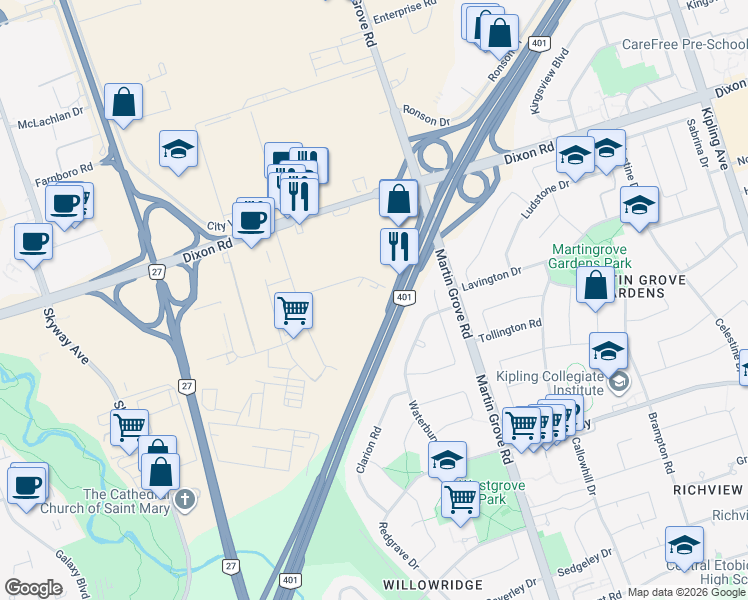 map of restaurants, bars, coffee shops, grocery stores, and more near 35 Stoffel Drive in Toronto