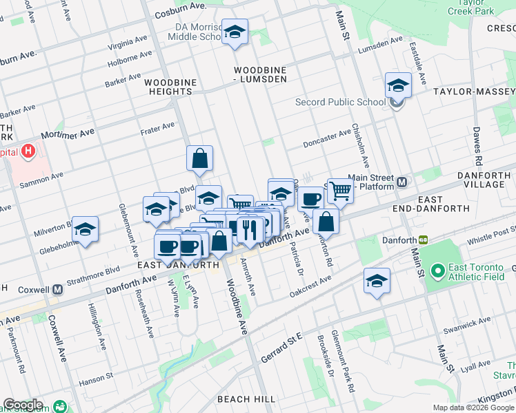 map of restaurants, bars, coffee shops, grocery stores, and more near 6 King Edward Avenue in Toronto
