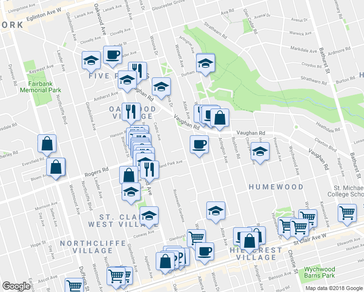 map of restaurants, bars, coffee shops, grocery stores, and more near 2 Mulberry Crescent in Toronto