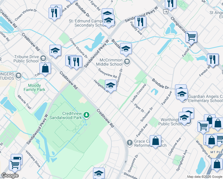 map of restaurants, bars, coffee shops, grocery stores, and more near 36 McCrimmon Drive in Brampton