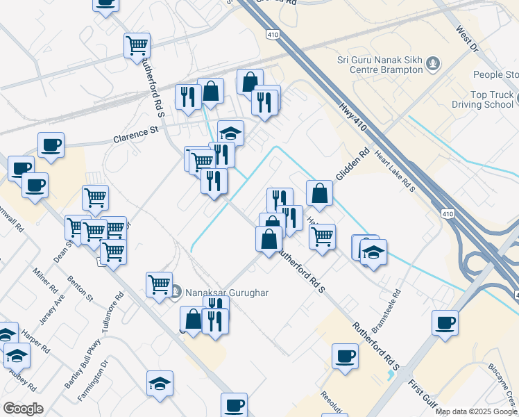 map of restaurants, bars, coffee shops, grocery stores, and more near 266 Rutherford Road South in Brampton