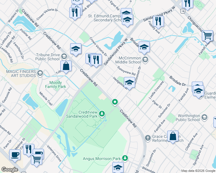 map of restaurants, bars, coffee shops, grocery stores, and more near 47 Lockheed Crescent in Brampton