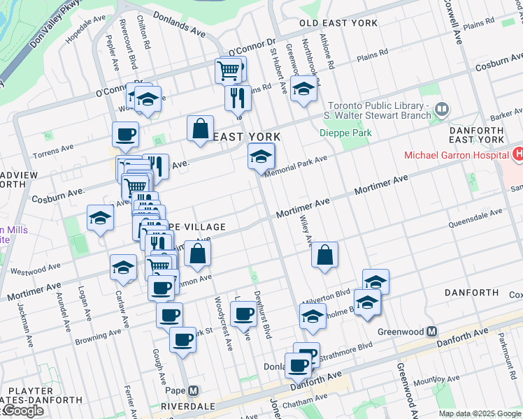 map of restaurants, bars, coffee shops, grocery stores, and more near 226 Donlands Avenue in Toronto