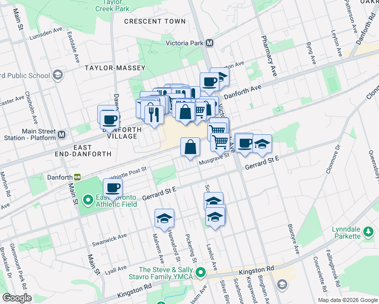 map of restaurants, bars, coffee shops, grocery stores, and more near 38 Enroutes Street in Toronto