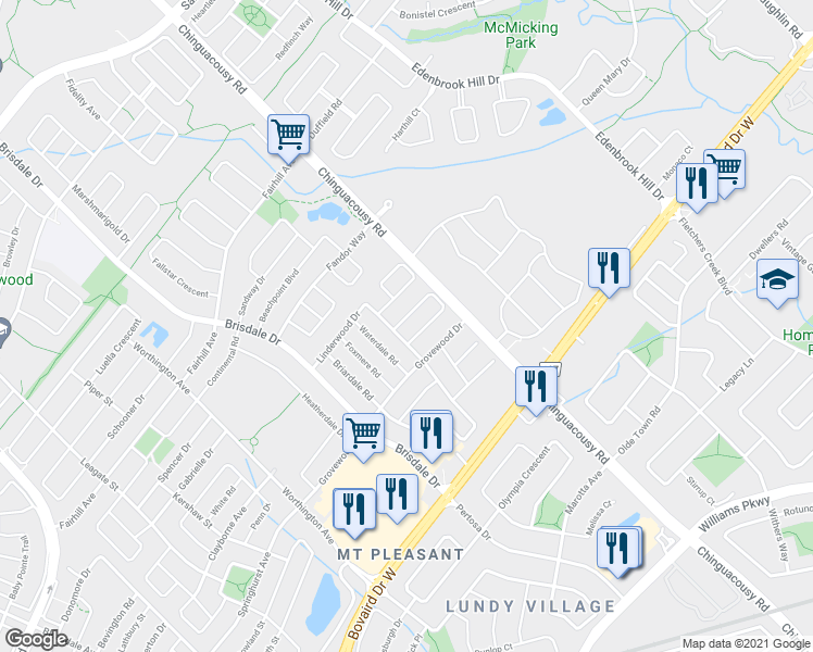 map of restaurants, bars, coffee shops, grocery stores, and more near 65 Tanglemere Crescent in Brampton
