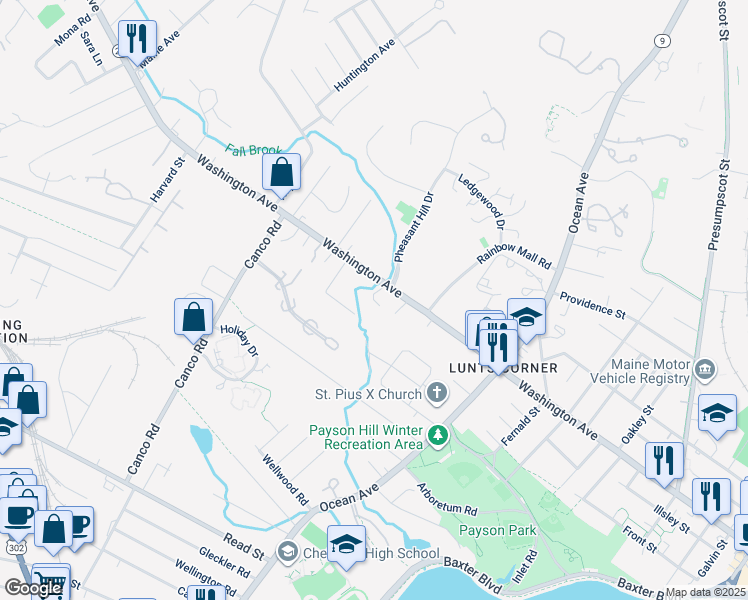 map of restaurants, bars, coffee shops, grocery stores, and more near 12 Pineledge Terrace in Portland