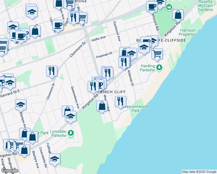 map of restaurants, bars, coffee shops, grocery stores, and more near in Toronto