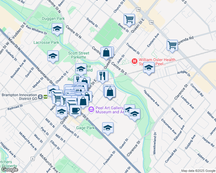 map of restaurants, bars, coffee shops, grocery stores, and more near in Brampton