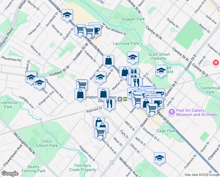 map of restaurants, bars, coffee shops, grocery stores, and more near 72 Mill Street North in Brampton