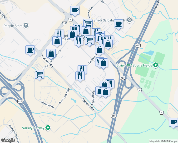 map of restaurants, bars, coffee shops, grocery stores, and more near 225 Advance Boulevard in Brampton