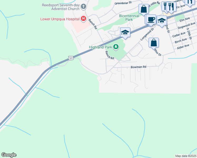 map of restaurants, bars, coffee shops, grocery stores, and more near 3100 Longwood Drive in Reedsport