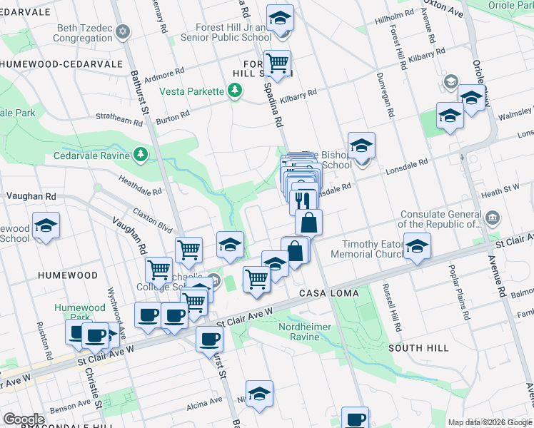 map of restaurants, bars, coffee shops, grocery stores, and more near 361 Lonsdale Road in Toronto