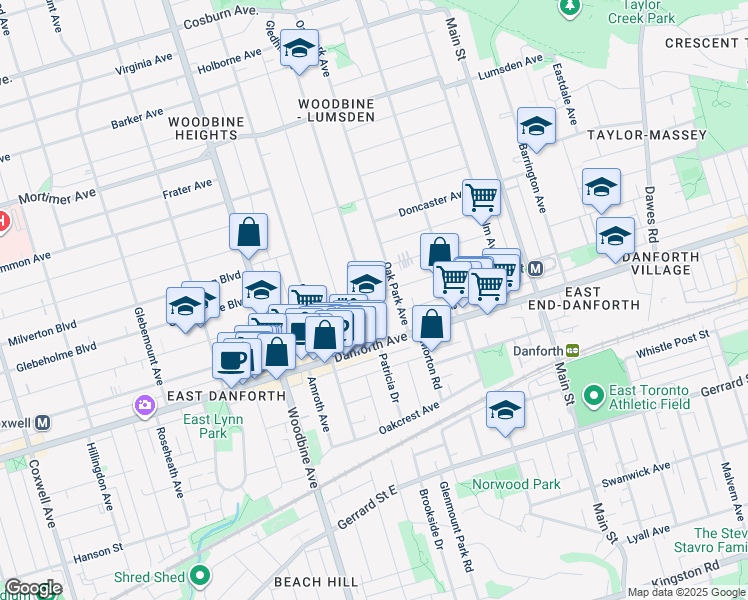 map of restaurants, bars, coffee shops, grocery stores, and more near 35 Gledhill Avenue in Toronto