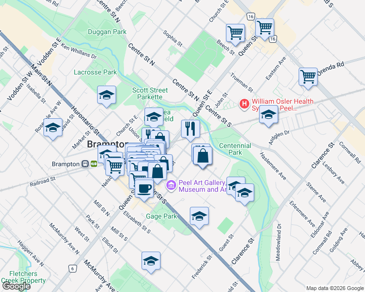 map of restaurants, bars, coffee shops, grocery stores, and more near 8 Mary Street in Brampton