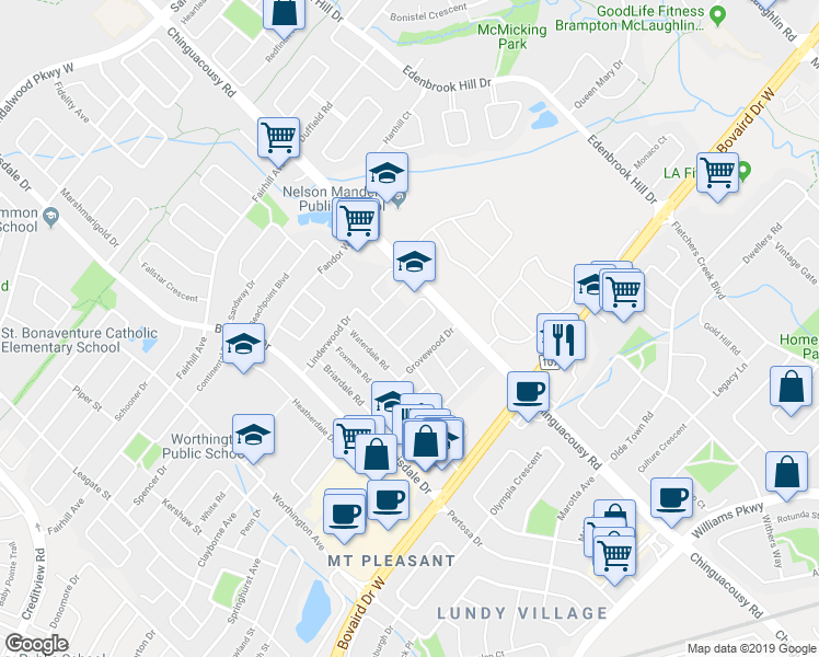 map of restaurants, bars, coffee shops, grocery stores, and more near 15 Tanglemere Crescent in Brampton