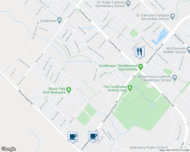 map of restaurants, bars, coffee shops, grocery stores, and more near 120 Miracle Trail in Brampton